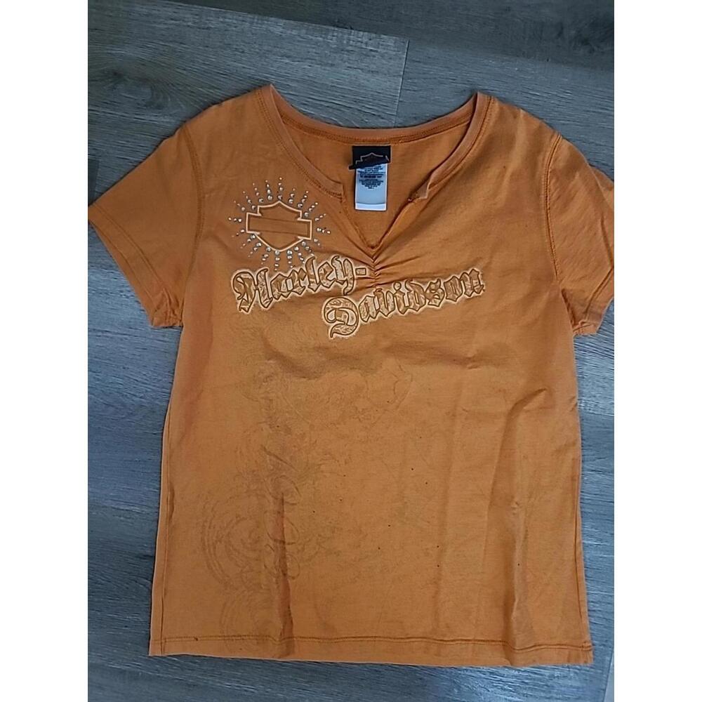 Harley Davidson Womens Large Orange V-neck Tshirt Ruching